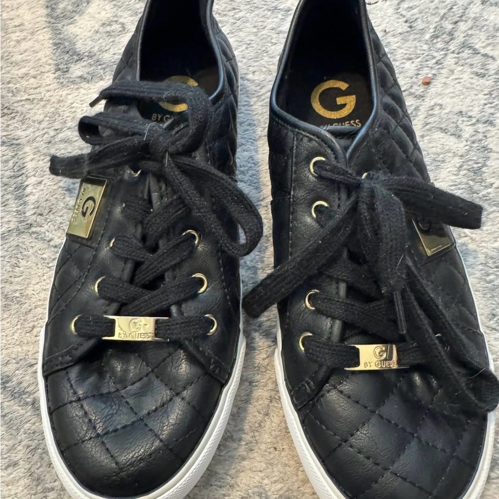 G by Guess Black Quilted Lace-Up Sneakers with Gold Accents